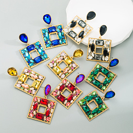 Exaggerated Geometric Square Earrings with Colorful Rhinestones - High-Quality Fashionable Statement Jewelry