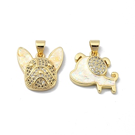 Brass Micro Pave Clear Cubic Zirconia Pendants, with Sythetic Opal, Dog