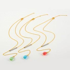 Trendy Brass Lariat Necklaces, with Glass Beads, 304 Stainless Steel Links and Alloy Lobster Claw Clasps, 16 inch