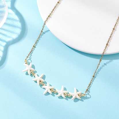 Нагрудное ожерелье из синтетических бирюзовых бусин в форме морской звезды, окрашенных в морской цвет, с цепочками из нержавеющей стали в виде спутников., золотые
