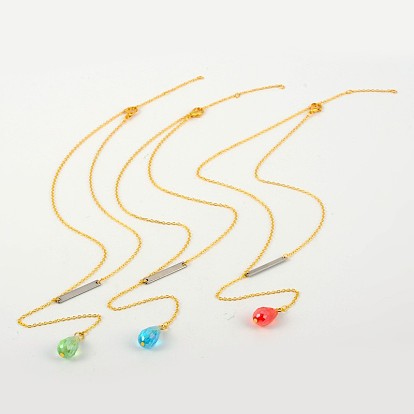 Trendy Brass Lariat Necklaces, with Glass Beads, 304 Stainless Steel Links and Alloy Lobster Claw Clasps, 16 inch