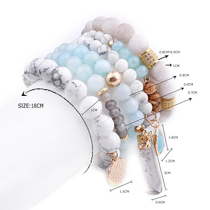 Natural Agate White Turquoise Crystal Pendant Elastic Bracelet Set for DIY Women