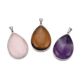 Natural Gemstone Pendants, 304 Stainless Steel Teardrop Bezeled Charms, Stainless Steel Color