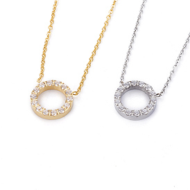 304 Stainless Steel Pendant Necklaces, with Cubic Zirconia, Ring
