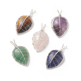 Natural Gemstone Pendants, Leaf Charm, Natural Amethyst & Lapis Lazuli & Tiger Eye & Green Aventurine & Rose Quartz, with Eco-Friendly Copper Wire Wrapped
