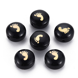 Handmade Lampwork Beads, with Golden Plated Brass Etched Metal Embellishments, Flat Round with Feet