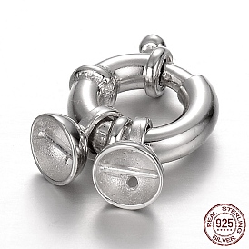 Plaqué platine 925 ensembles de fermoirs à ressort en argent sterling, avec des fermoirs pour cordon, 22x14x5mm, Trou: 1mm, pin: 1 mm