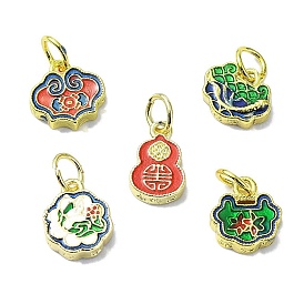 Rack Plating Brass Enamel Pendants, with Jump Ring, Long-Lasting Plated, Lead Free & Cadmium Free, Real 18K Gold Plated, Gourd & Auspicious Cloud Lock & Flower