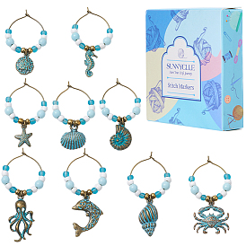 18 шт. подвески для бокалов из сплава морских животных, со стеклянными бусинами и фурнитурой в виде железных колец
