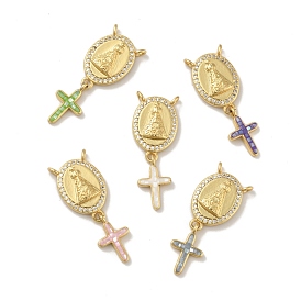 Brass Charms, with Shell, Cadmium Free & Lead Free, Long-Lasting Plated, Oval with Cross, Real 18K Gold Plated