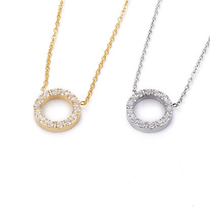 304 Stainless Steel Pendant Necklaces, with Cubic Zirconia, Ring