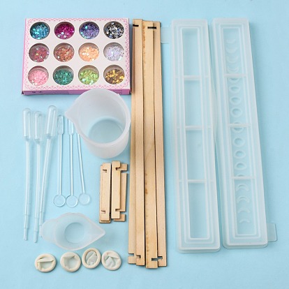 Caja de almacenamiento de bricolaje kits de moldes de silicona, Incluyendo lentejuelas / lentejuelas para uñas, varilla de agitación redonda de plástico, pipetas de plástico, cunas de látex, tazón de agitación de silicona, taza medidora de plástico