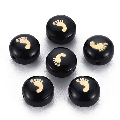 Handmade Lampwork Beads, with Golden Plated Brass Etched Metal Embellishments, Flat Round with Feet