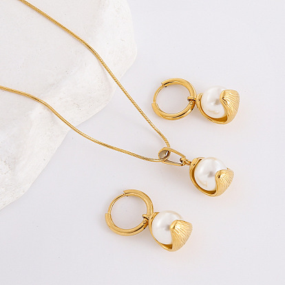 304 комплекты из ожерелий и серег-колец из нержавеющей стали, с жемчугом из раковины 