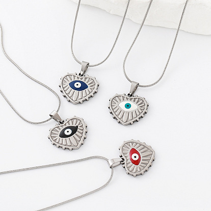 304 Collares con colgante de corazón y ojo turco de acero inoxidable esmaltado para mujer, color acero inoxidable