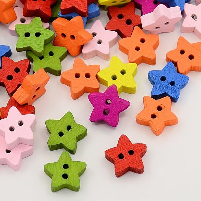 Wooden Buttons, Dyed, 2-Hole, Star, 12x13x4mm, Hole: 2mm