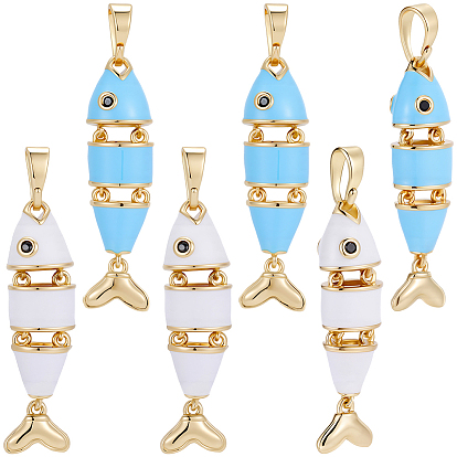 6Pcs 2Colors Brass Micro Pave Cubic Zirconia Pendants, with Enamel, Long-Lasting Plated, Rack Plating, Lead Free & Cadmium Free, Real 18K Gold Plated, Fish Charms
