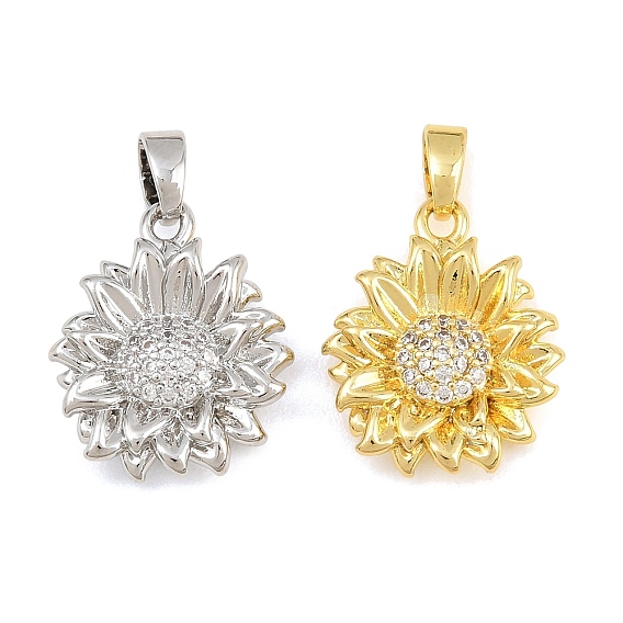 Brass Micro Pave Clear Cubic Zirconia Pendants, Sunflower Charms