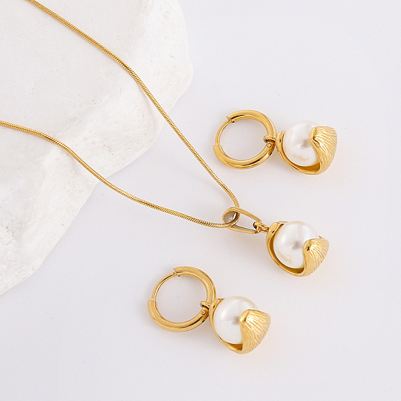 304 комплекты из ожерелий и серег-колец из нержавеющей стали, с жемчугом из раковины 