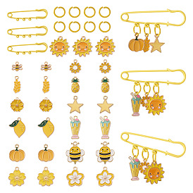 DIY Brooch Making Kits, include 15Pcs Iron Open Jump Rings, 5Pcs Iron Brooch Findings. 39Pcs 13 Styles Alloy Enamel Pendants