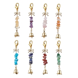 8Pcs 8 Styles Iron Pendant Decorations, with Zinc Alloy Lobster Claw Clasps and Gemstone Beads, Bell
