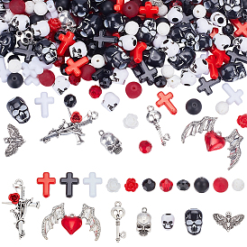 Наборы для изготовления эластичных браслетов в готическом стиле своими руками, включая шарики из смолы, Акриловые бусины, Стеклянные бусины, бусины из натуральной лавы, синтетические черные каменные бусы, Подвески из сплава 