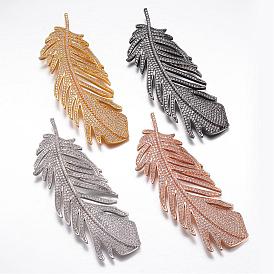 Brass Micro Pave Cubic Zirconia Big Pendants, Feather