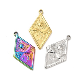 Ion Plating(IP) 304 Stainless Steel Pendants, Rhombus with Sun & Star Charm