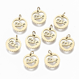 304 colgantes de acero inoxidable, Corte con laser, con anillos de salto, corazón con la palabra amor, para el día de San Valentín