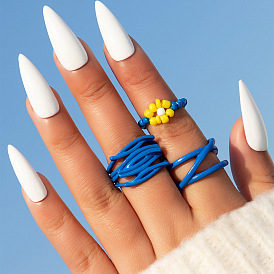 Blue Spray Paint Ring Set with Geometric Beaded Rings - 3 Piece Set
