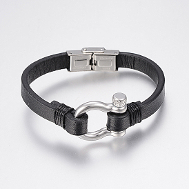 Cordon en cuir bracelets hommes, avec 304 accessoires en acier inoxydable et fermoirs