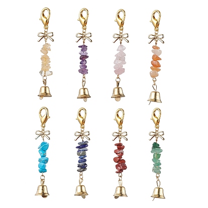 8Pcs 8 Styles Iron Pendant Decorations, with Zinc Alloy Lobster Claw Clasps and Gemstone Beads, Bell