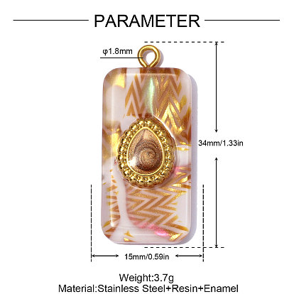 304 подвески из нержавеющей стали смолы, прямоугольник с подвесками-слезинками, с эмалью, ионное покрытие (ip), долговечный, зеркальная полировка