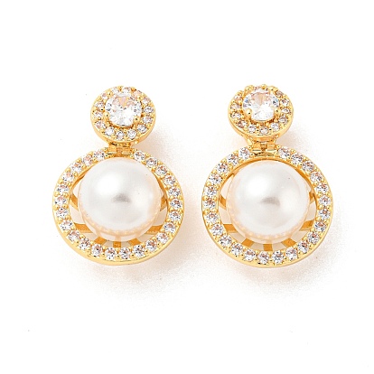 Brass Micro Pave Cubic Zirconia Pendants, with ABS Imitation Pearl Beads, Long-Lasting Plated, Round