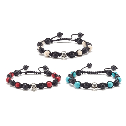 3Pcs 3 Color Round Synthetic Turquoise(Dyed) Braided Bead Bracelets Set with Alloy Skull, Gemstone Jewelry for Women