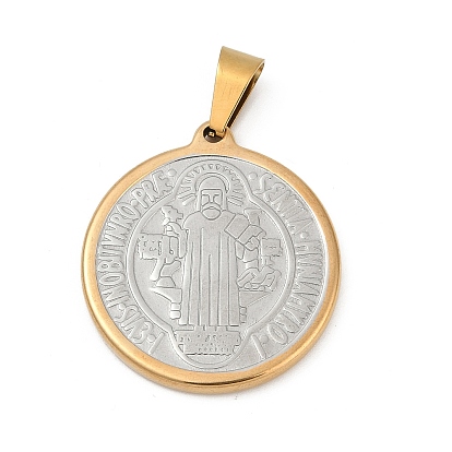 PVD Vacuum Plating 304 Stainless Steel Pendants, Long-Lasting Plated, Flat Round with Saint Benedict Medal
