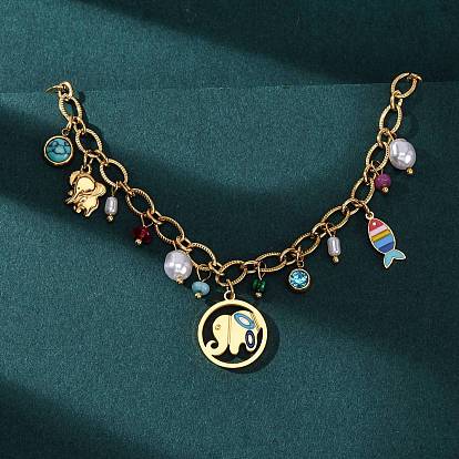 304 Женские ожерелья с подвесками в виде слонов и рыб из нержавеющей стали с цветной эмалью, с искусственным жемчугом, стразами, окрашенным нефритом и синтетическим малахитом, ионное покрытие (ip)