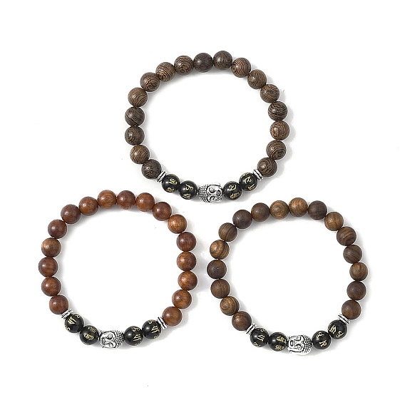 3 шт. круглые деревянные и натуральные обсидиановые резные бусины с мотивом «Ом Мани Падме Хум», Голова Будды, с бусинами тибетского стиля