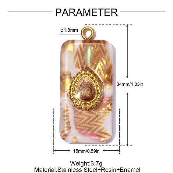 304 подвески из нержавеющей стали смолы, прямоугольник с подвесками-слезинками, с эмалью, ионное покрытие (ip), долговечный, зеркальная полировка
