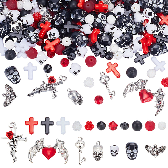 Наборы для изготовления эластичных браслетов в готическом стиле своими руками, включая шарики из смолы, Акриловые бусины, Стеклянные бусины, бусины из натуральной лавы, синтетические черные каменные бусы, Подвески из сплава 