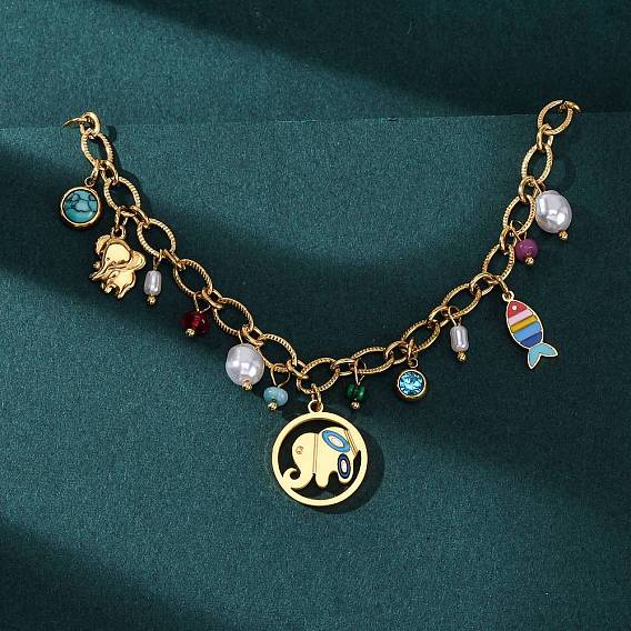 304 Женские ожерелья с подвесками в виде слонов и рыб из нержавеющей стали с цветной эмалью, с искусственным жемчугом, стразами, окрашенным нефритом и синтетическим малахитом, ионное покрытие (ip)