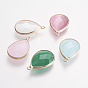 Brass Cat Eye Pendants, Faceted Teardrop, Light Gold