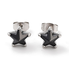 Star 316 Surgical Stainless Steel Pave Black Cubic Zirconia Stud Earrings for Women Men