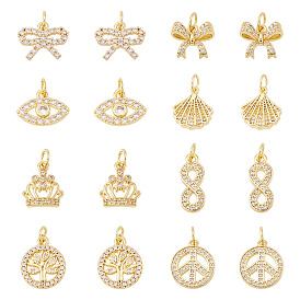 16 шт 8 стили латунные подвески из микропаве с фианитом, без свинца и без кадмия, долговечный, стойки покрытие, с целью перехода в кольце, разнообразные