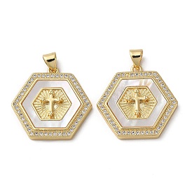 Brass Micro Pave Cubic Zirconia Pendants, with Shell, Hexagon with Cross