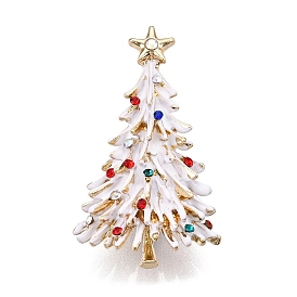 Christmas Tree with Star Enamel Pins, Alloy Rhinestone Brooches for Backpack Clothes, White