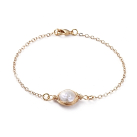 Link Bracelets, with Natural Baroque Pearl Keshi Pearl Beads, Copper Wire, Brass Cable Chains and Lobster Claw Clasps, with Cardboard Packing Box