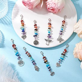 Chakra Natural Red Jasper & South Red Agate & Tiger Eye & Green Aventurine & Amethyst & Lapis Lazuli & Synthetic Turquoise Chips & Alloy Pendant Decorations, with Lobster Claw Clasps