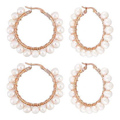 2 Pairs Natural Pearl Braided Big Hoop Earrings, 304 Stainless Steel Wire Wrap Jewelry for Women
