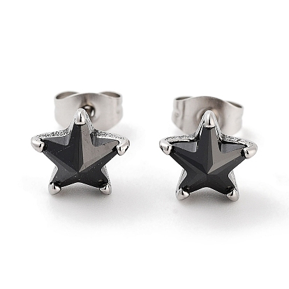 Star 316 Surgical Stainless Steel Pave Black Cubic Zirconia Stud Earrings for Women Men